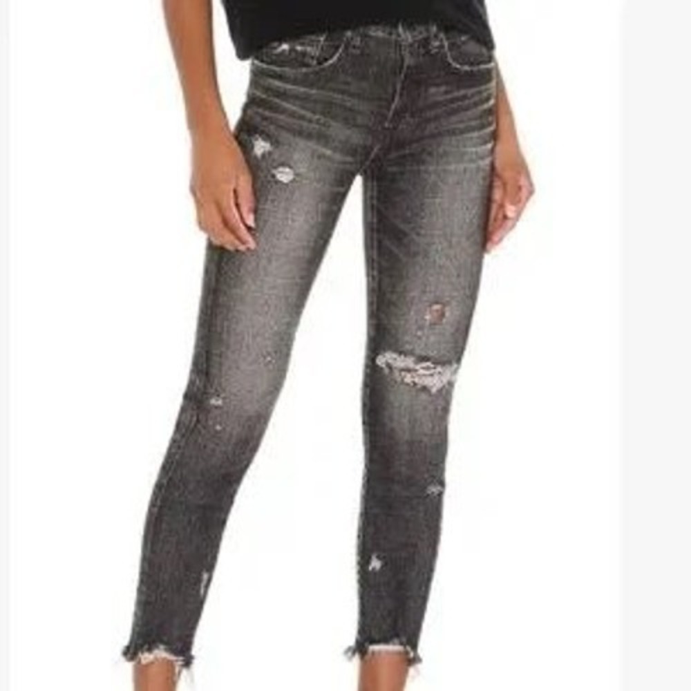Moussy Vintage Skinny Jeans‎ Women 24 Black Excellent Distressed Raw Hem Japan